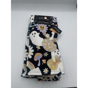 Feelin Spooky Set Of 3 Ghost Halloween Physcadellic 70s‎ Disco Dish Towels New
